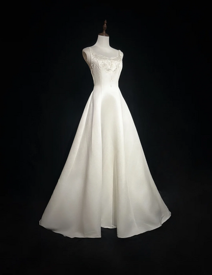Robe de mariée vintage, robe de bal carrée, robe de mariée longue en satin ivoire, robes de mariée rétro, robes de mariée modestes DH2651