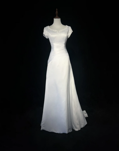 Robe de mariée vintage trapèze, col en V, perles blanches, longue, en satin, style rétro, robes de mariée modestes, DH2653