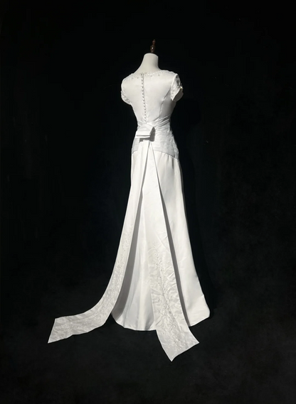 Robe de mariée vintage trapèze, col en V, perles blanches, longue, en satin, style rétro, robes de mariée modestes, DH2653