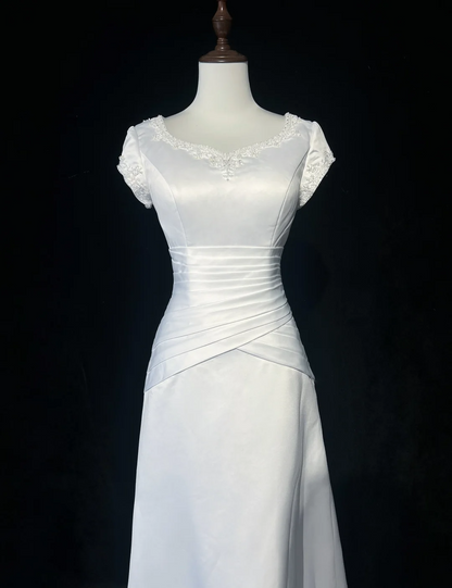 Robe de mariée vintage trapèze, col en V, perles blanches, longue, en satin, style rétro, robes de mariée modestes, DH2653