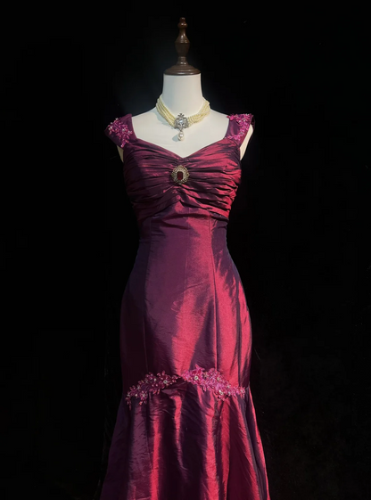 Retro Meerjungfrau Schatz Burgund Ärmellos Taft Lange Ballkleider Partykleid 18. Geburtstag Outfits Abschlusskleider DH2655