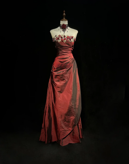 Retro A-Linie Trägerlos Burgund Ärmellos Taft Lange Blumen Ballkleider Partykleid 18. Geburtstag Outfits Abschlusskleider DH2656
