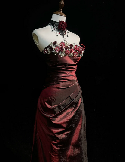 Retro A-Linie Trägerlos Burgund Ärmellos Taft Lange Blumen Ballkleider Partykleid 18. Geburtstag Outfits Abschlusskleider DH2656