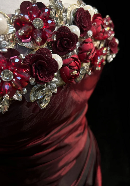Retro A-Linie Trägerlos Burgund Ärmellos Taft Lange Blumen Ballkleider Partykleid 18. Geburtstag Outfits Abschlusskleider DH2656