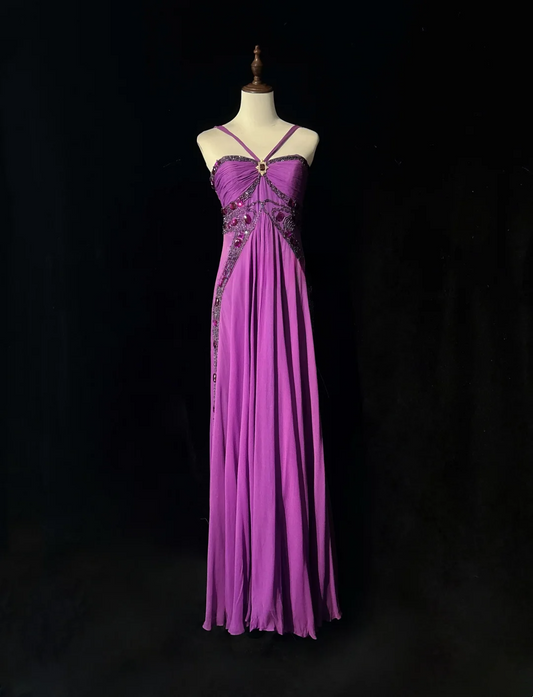 Retro A-Linie Neckholder Trauben Chiffon Ärmellos Mit Perlen Lange Blumen Ballkleider Partykleid 21. Geburtstag Outfits Abschlusskleider DH2658