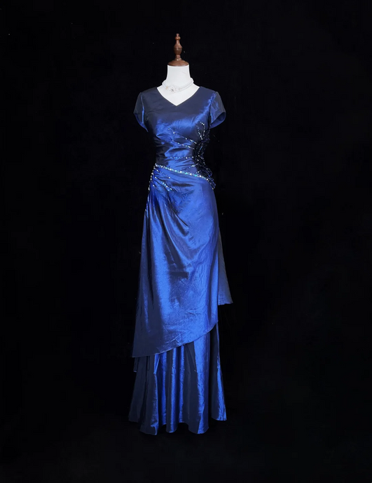 Retro A-Linie V-Ausschnitt Marineblau Kurze Ärmel Mit Silbernen Perlen Lange Blumen Ballkleider Partykleid 21. Geburtstag Outfits Abschlusskleider DH2660