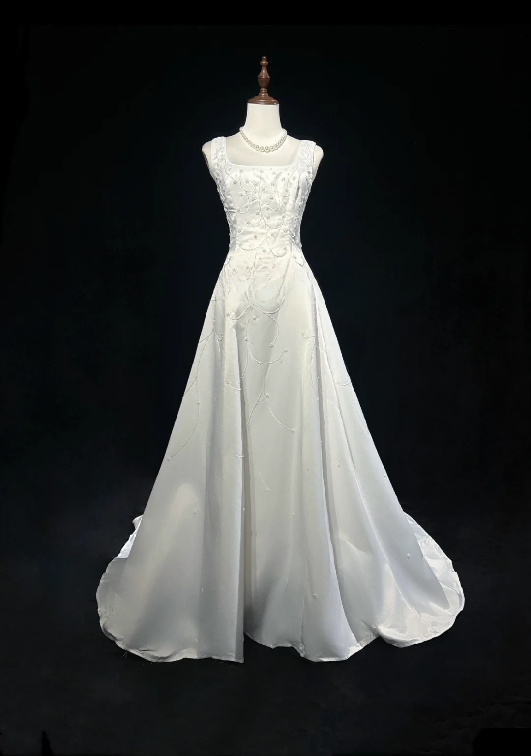 Robe de mariée vintage trapèze, col carré, satin blanc, perles, longue, style rétro, robes de mariée modestes, DH2661