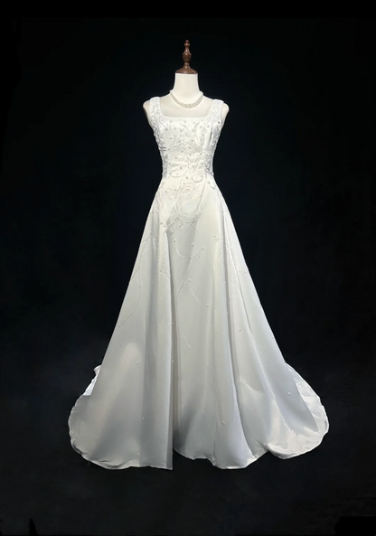 Robe de mariée vintage trapèze, col carré, satin blanc, perles, longue, style rétro, robes de mariée modestes, DH2661