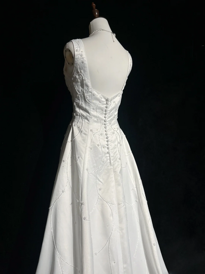 Robe de mariée vintage trapèze, col carré, satin blanc, perles, longue, style rétro, robes de mariée modestes, DH2661