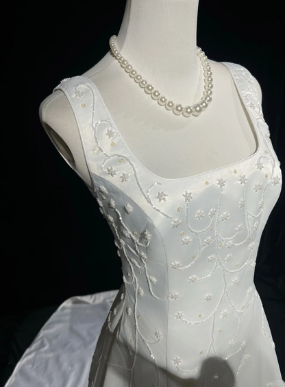 Robe de mariée vintage trapèze, col carré, satin blanc, perles, longue, style rétro, robes de mariée modestes, DH2661