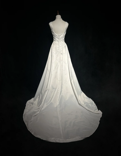 Robe de mariée vintage trapèze, col carré, satin blanc, perles, longue, style rétro, robes de mariée modestes, DH2661