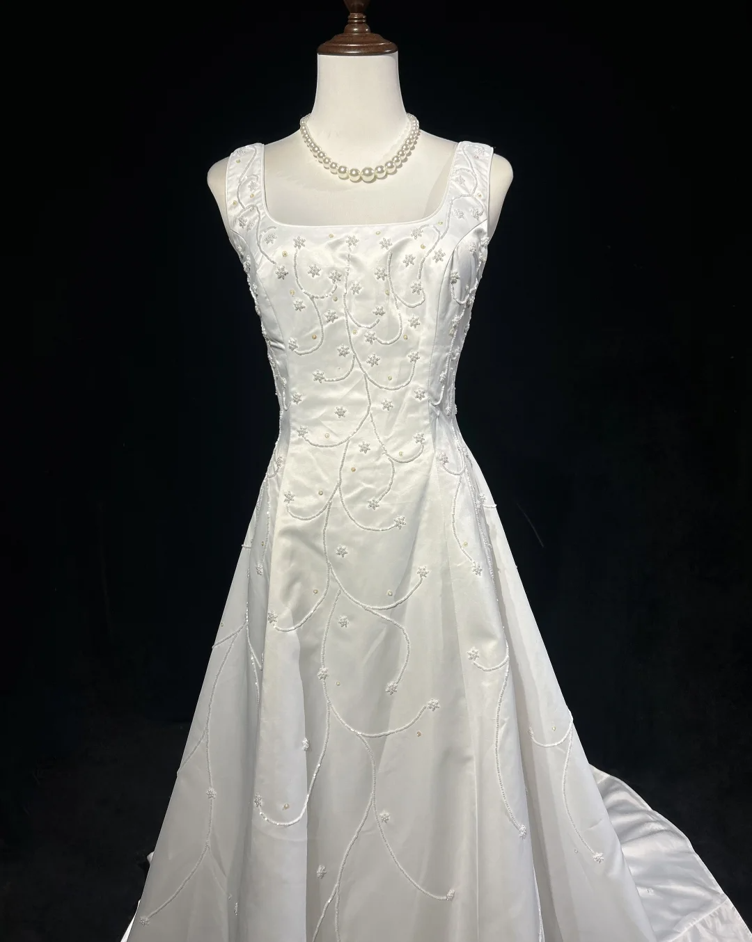 Robe de mariée vintage trapèze, col carré, satin blanc, perles, longue, style rétro, robes de mariée modestes, DH2661