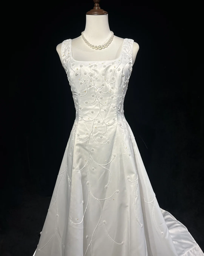 Robe de mariée vintage trapèze, col carré, satin blanc, perles, longue, style rétro, robes de mariée modestes, DH2661