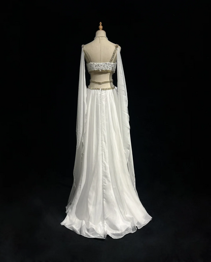 Retro A-Linie V-Ausschnitt Weißer Chiffon mit Silber-Gold-Perlen Lange Blumen Ballkleider Partykleid 21. Geburtstag Outfits Ballkleider DH2662
