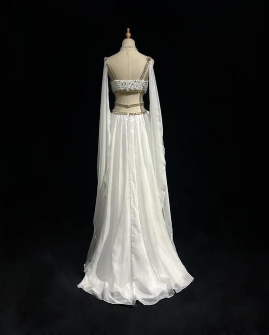 Retro A-Linie V-Ausschnitt Weißer Chiffon mit Silber-Gold-Perlen Lange Blumen Ballkleider Partykleid 21. Geburtstag Outfits Ballkleider DH2662