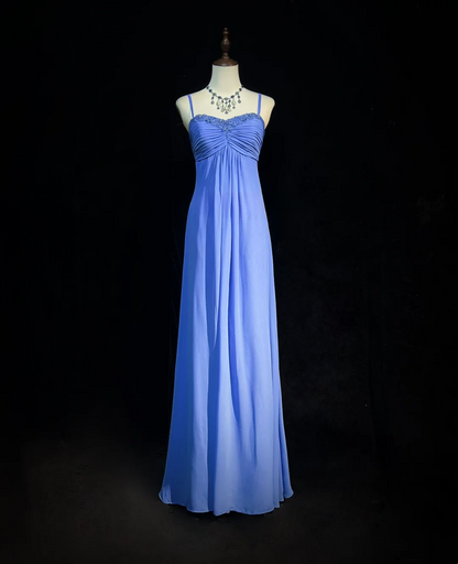 Retro A-Linie Spaghettiträger Königsblau Chiffon mit Perlen Lange Ballkleider Partykleid 21. Geburtstag Outfits Ballkleider DH2663