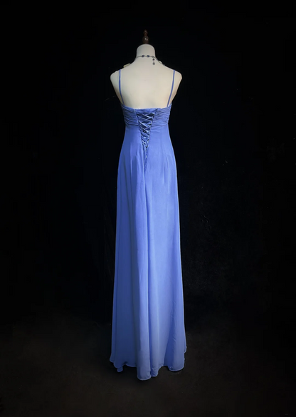 Retro A-Linie Spaghettiträger Königsblau Chiffon mit Perlen Lange Ballkleider Partykleid 21. Geburtstag Outfits Ballkleider DH2663