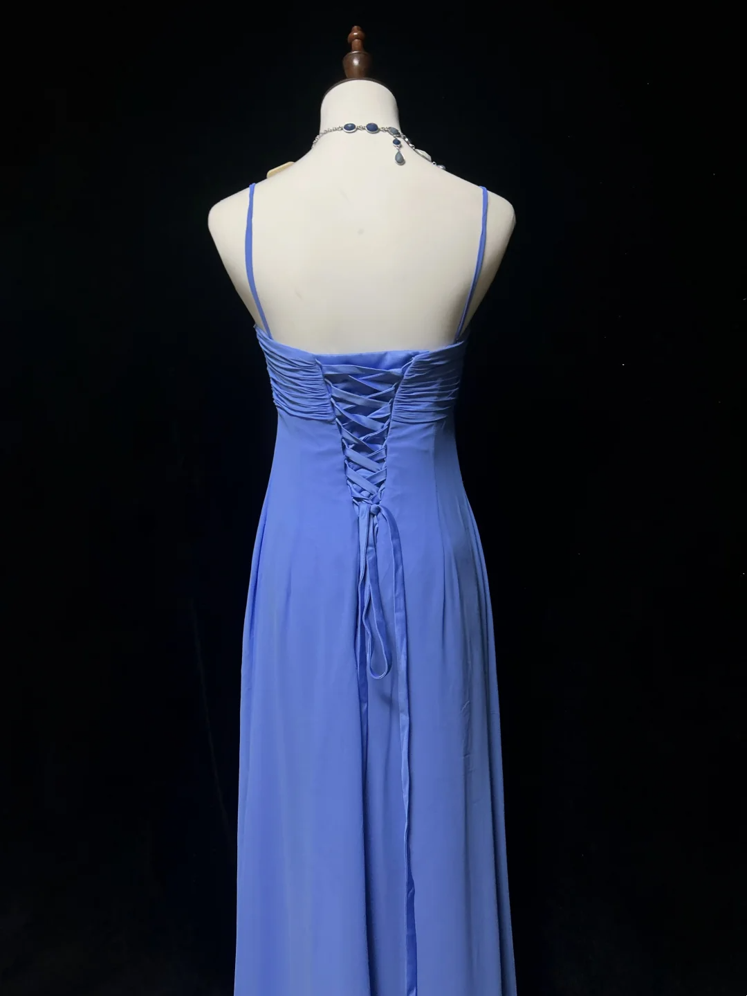Retro A-Linie Spaghettiträger Königsblau Chiffon mit Perlen Lange Ballkleider Partykleid 21. Geburtstag Outfits Ballkleider DH2663
