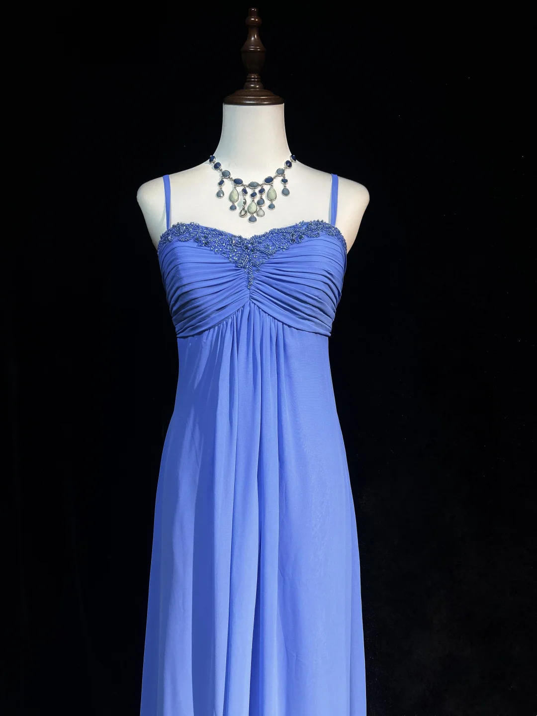 Retro A-Linie Spaghettiträger Königsblau Chiffon mit Perlen Lange Ballkleider Partykleid 21. Geburtstag Outfits Ballkleider DH2663