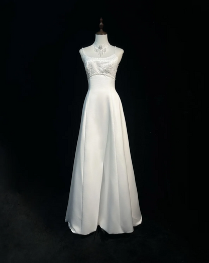 Robe de mariée vintage trapèze à bretelles spaghetti en satin blanc et perles, robe de mariée longue, style rétro, robes de mariée modestes, DH2666