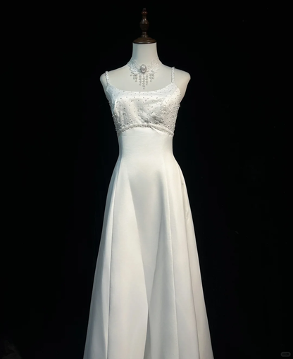 Robe de mariée vintage trapèze à bretelles spaghetti en satin blanc et perles, robe de mariée longue, style rétro, robes de mariée modestes, DH2666