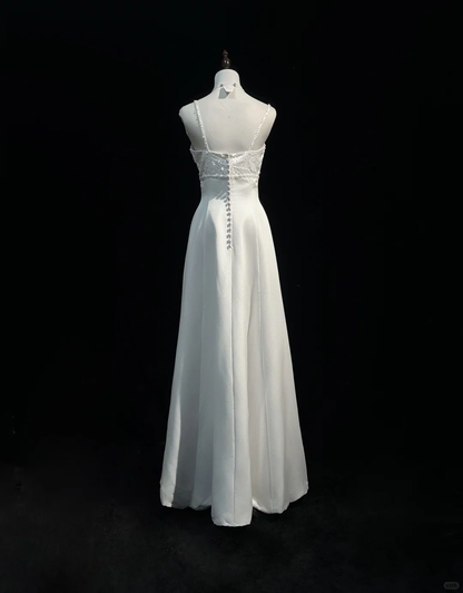 Robe de mariée vintage trapèze à bretelles spaghetti en satin blanc et perles, robe de mariée longue, style rétro, robes de mariée modestes, DH2666