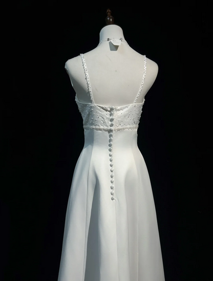 Robe de mariée vintage trapèze à bretelles spaghetti en satin blanc et perles, robe de mariée longue, style rétro, robes de mariée modestes, DH2666