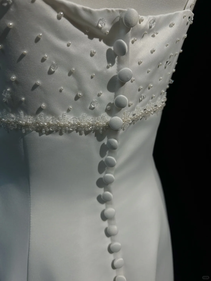 Robe de mariée vintage trapèze à bretelles spaghetti en satin blanc et perles, robe de mariée longue, style rétro, robes de mariée modestes, DH2666