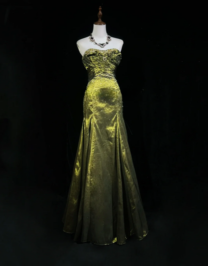 Retro Meerjungfrau Schatz Ärmellos Olivgrün Mit Silbernen Perlen Lange Blumen Ballkleider Partykleid 21. Geburtstag Outfits Abschlusskleider DH2667