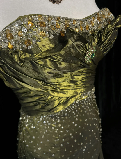 Retro Meerjungfrau Schatz Ärmellos Olivgrün Mit Silbernen Perlen Lange Blumen Ballkleider Partykleid 21. Geburtstag Outfits Abschlusskleider DH2667