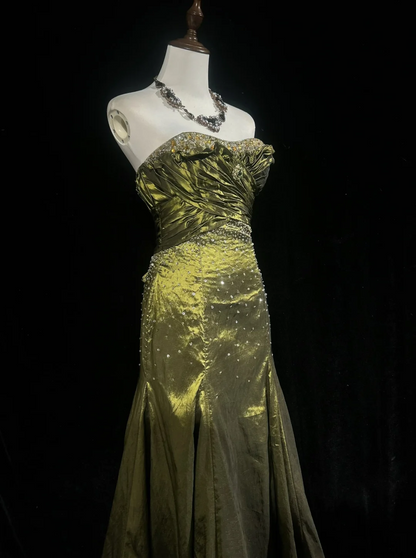 Retro Meerjungfrau Schatz Ärmellos Olivgrün Mit Silbernen Perlen Lange Blumen Ballkleider Partykleid 21. Geburtstag Outfits Abschlusskleider DH2667
