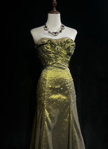 Retro Meerjungfrau Schatz Ärmellos Olivgrün Mit Silbernen Perlen Lange Blumen Ballkleider Partykleid 21. Geburtstag Outfits Abschlusskleider DH2667