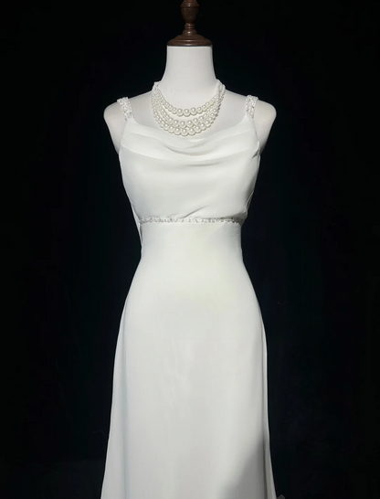 Robe de mariée vintage sirène bretelles spaghetti dos nu mousseline perles blanches longue robe de mariée robes de mariée rétro robes de mariée modestes DH2669