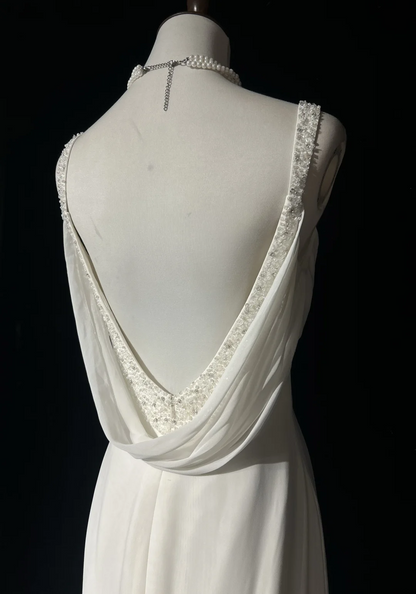 Robe de mariée vintage sirène bretelles spaghetti dos nu mousseline perles blanches longue robe de mariée robes de mariée rétro robes de mariée modestes DH2669
