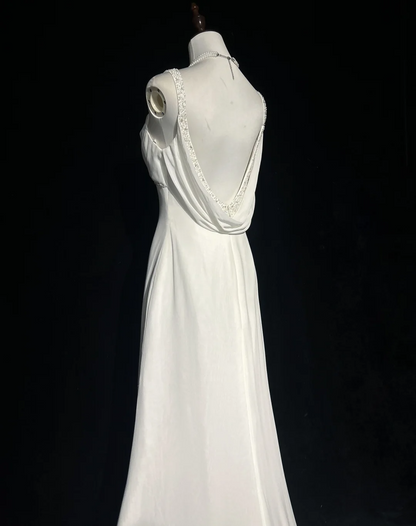 Robe de mariée vintage sirène bretelles spaghetti dos nu mousseline perles blanches longue robe de mariée robes de mariée rétro robes de mariée modestes DH2669