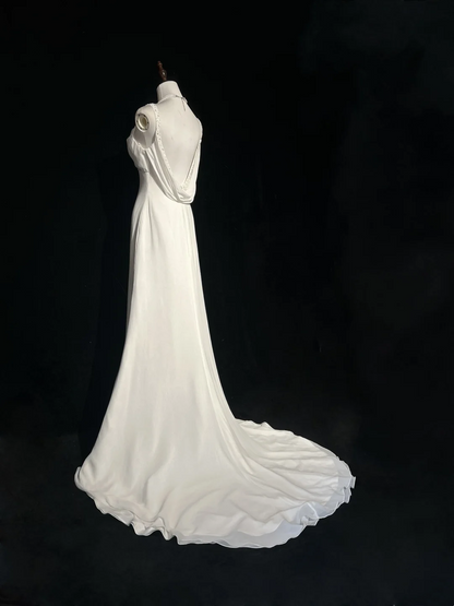 Robe de mariée vintage sirène bretelles spaghetti dos nu mousseline perles blanches longue robe de mariée robes de mariée rétro robes de mariée modestes DH2669