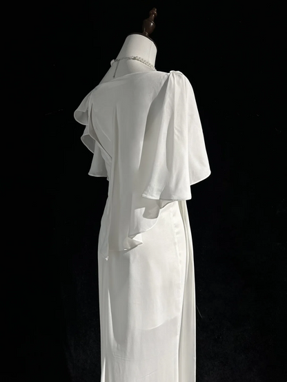 Robe de mariée vintage sirène col carré mousseline blanche longue robe de mariée robes de mariée rétro robes de mariée modestes DH2674