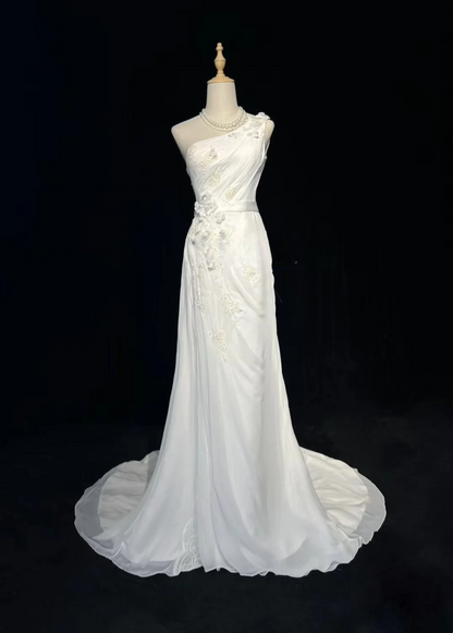 Robe de mariée vintage sirène asymétrique en mousseline de soie blanche, longue robe de mariée rétro, robes de mariée modestes DH2676