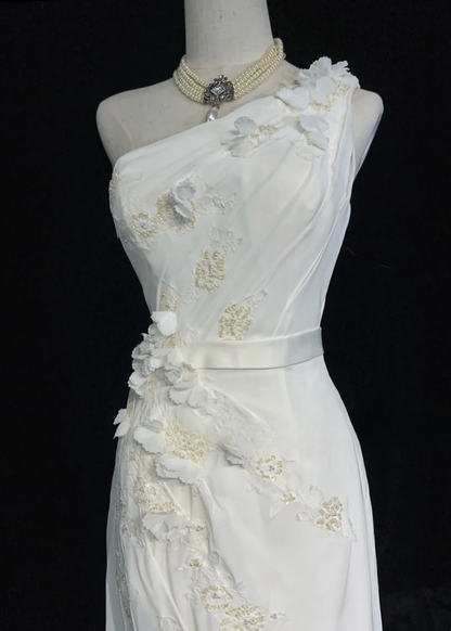 Robe de mariée vintage sirène asymétrique en mousseline de soie blanche, longue robe de mariée rétro, robes de mariée modestes DH2676