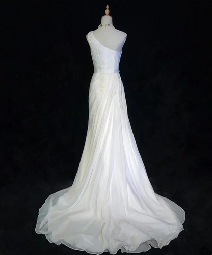 Robe de mariée vintage sirène asymétrique en mousseline de soie blanche, longue robe de mariée rétro, robes de mariée modestes DH2676