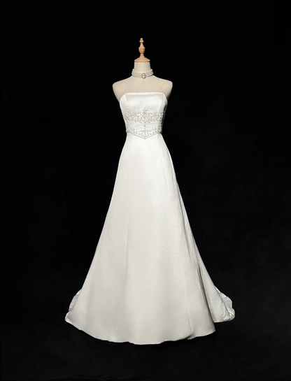 Robe de mariée vintage trapèze bustier en satin blanc, longue robe de mariée rétro, robes de mariée modestes DH2677