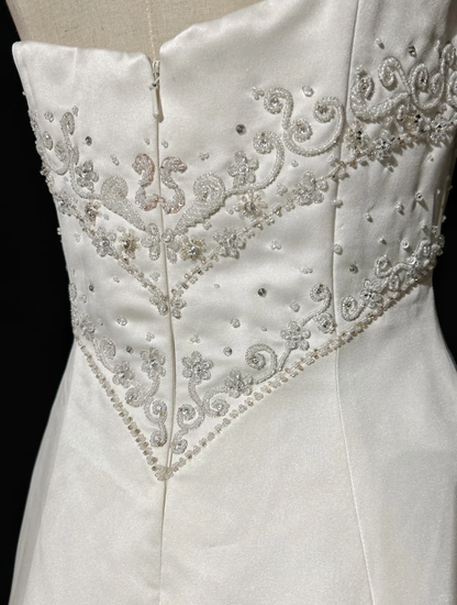 Robe de mariée vintage trapèze bustier en satin blanc, longue robe de mariée rétro, robes de mariée modestes DH2677
