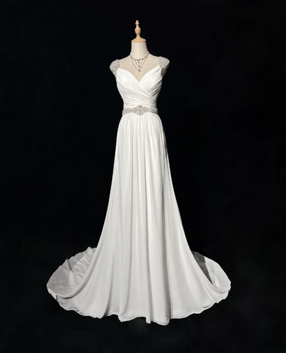 Robe de mariée vintage trapèze en mousseline de soie, décolleté en cœur, perles argentées, robe de mariée longue blanche, robes de mariée rétro, robes de mariée modestes DH2678