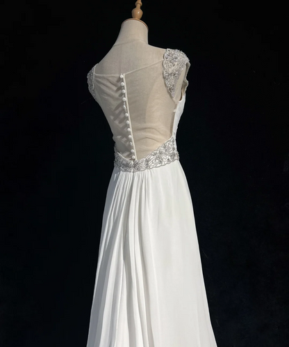 Robe de mariée vintage trapèze en mousseline de soie, décolleté en cœur, perles argentées, robe de mariée longue blanche, robes de mariée rétro, robes de mariée modestes DH2678