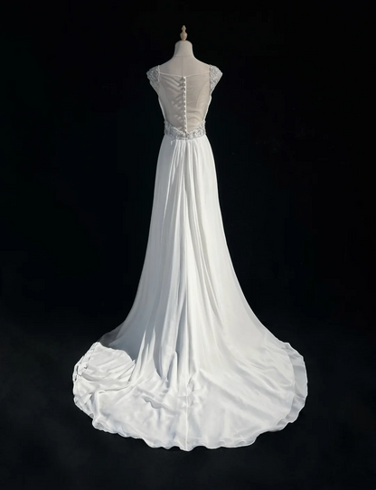 Robe de mariée vintage trapèze en mousseline de soie, décolleté en cœur, perles argentées, robe de mariée longue blanche, robes de mariée rétro, robes de mariée modestes DH2678