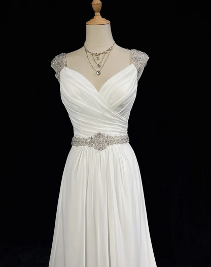 Robe de mariée vintage trapèze en mousseline de soie, décolleté en cœur, perles argentées, robe de mariée longue blanche, robes de mariée rétro, robes de mariée modestes DH2678