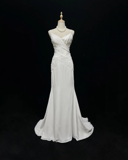 Robe de mariée vintage sirène bretelles spaghetti mousseline perles robe de mariée longue blanche robes de mariée rétro robes de mariée modestes DH2679