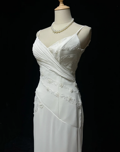 Robe de mariée vintage sirène bretelles spaghetti mousseline perles robe de mariée longue blanche robes de mariée rétro robes de mariée modestes DH2679