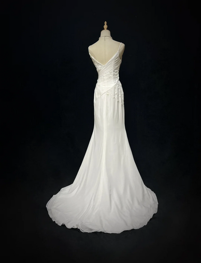 Robe de mariée vintage sirène bretelles spaghetti mousseline perles robe de mariée longue blanche robes de mariée rétro robes de mariée modestes DH2679