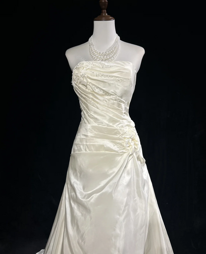 Robe de mariée vintage, robe de bal, bustier, satin ivoire, longue, style rétro, robes de mariée modestes, DH2680